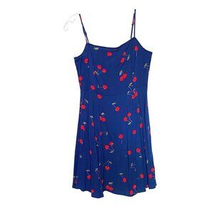 New No Comment Blue & Red Cherry Print Sleeveless Mini Dress Size Small